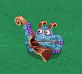a blue monster is playing a cello in a video game on a green field .