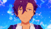 a purple haired anime character with a microphone on his ear