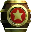 a wooden barrel with a gold rim and a red star on it .