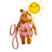 a teddy bear wearing a pink bikini and a sun on its head with the word girl below it