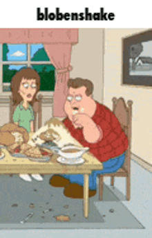 a cartoon of peter griffin sitting at a table