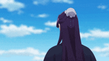 a woman with long purple hair is looking at a blue sky