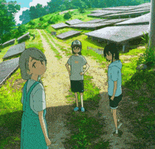 three anime characters are standing on a dirt path in front of solar panels