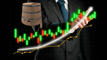 a man in a suit and tie is pointing at a stock chart