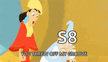 a cartoon of a man standing next to a woman with the words `` you threw off my groove '' on it .