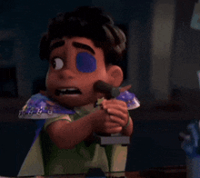 a close up of a cartoon character with a purple eye patch on his eye