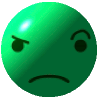 a green smiley face with an angry look on it 's face