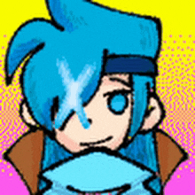 a cartoon character with blue hair and blue eyes is holding a blue object .