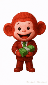 a cartoon monkey in a red suit and tie is jumping in the air