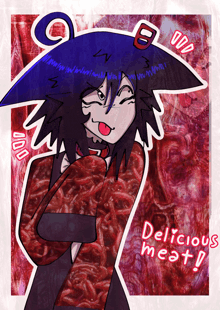 a drawing of a person with the words " delicious meat " written on it