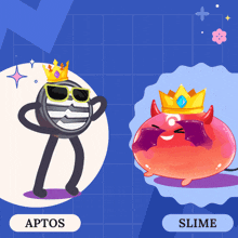 a cartoon character with sunglasses and a crown is next to a cartoon character with a crown and the word slime below it