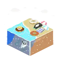 a pixel art drawing of a beach with donuts and a penguin