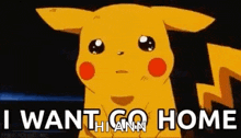 a cartoon pikachu is sitting down and says `` i want to go home '' .