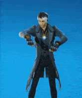 a man in a trench coat is holding a sword against a blue sky .