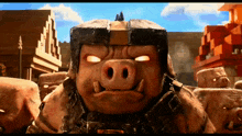 a cartoon pig wearing a helmet stands in front of a crowd of pigs