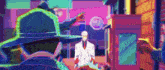 a man in a white suit and tie is standing in a colorful cartoon scene with a man in a hat .