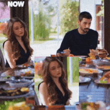 a man and a woman are sitting at a table with plates of food and the word now is above them