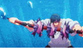 a man in a white shirt is holding two swords in his hands in a blue background .