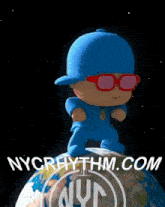 a cartoon character is standing on top of a globe with nycrhythm.com written on the bottom