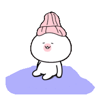 a cartoon rabbit wearing a pink hat is sitting on a purple surface