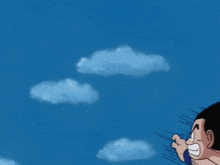a cartoon character flying through the air with a blue sky in the background