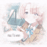 a picture of a girl holding a card with mao s wren written on the bottom