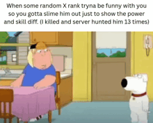 a cartoon of a man sitting at a table and a dog standing next to him