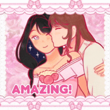 a girl kissing another girl on the cheek with the words amazing below