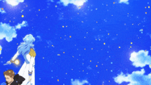 a cartoon character with blue hair and a white cape