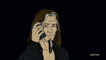 a cartoon drawing of a man talking on a cell phone with the words adult swim below him