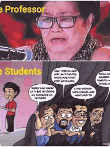 a cartoon of a group of people sitting in front of a professor