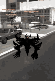 a screenshot of a video game shows a monster flying over a city street