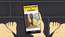 a cartoon of a person holding a cell phone with a meme on the screen