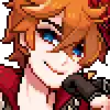 a pixel art of a girl with blue eyes and orange hair holding a microphone .