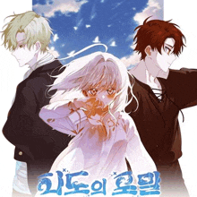 a group of three anime characters standing next to each other on a white background .