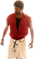 a man wearing a red shirt and a white skirt with black stripes