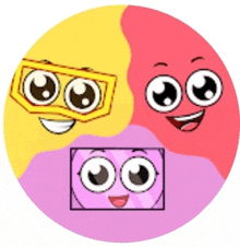 three cartoon faces are in a circle on a white background .