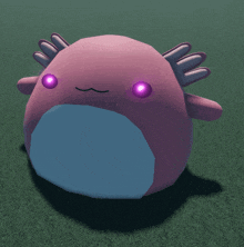 a pink axolotl with purple eyes is sitting on a green field