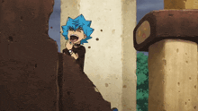 a cartoon character with blue hair is screaming behind a pillar