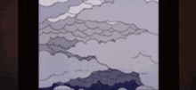 a cartoon drawing of a cloudy sky with a mountain in the foreground .