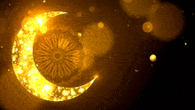a glowing crescent moon with a circular design on it