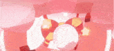 a close up of a cartoon character 's face with a pink background and a white star on it .