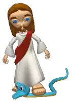 a cartoon of jesus with a blue snake on his feet
