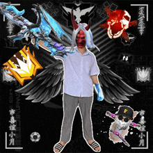 a man in a white shirt and black pants is standing in front of a black background with chinese writing