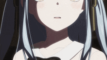 a close up of a girl with long blue hair