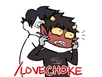 a cartoon drawing of a man holding another man 's neck with the words lovechoke written in red