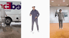 a man is dancing in front of an fedex truck