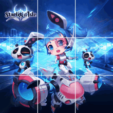 a poster for a game called starlight isle shows a girl and two robots
