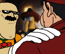 a cartoon of a man with a mustache talking to another man with white gloves