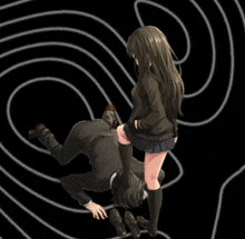 a girl is kneeling on a man 's lap in front of a swirl